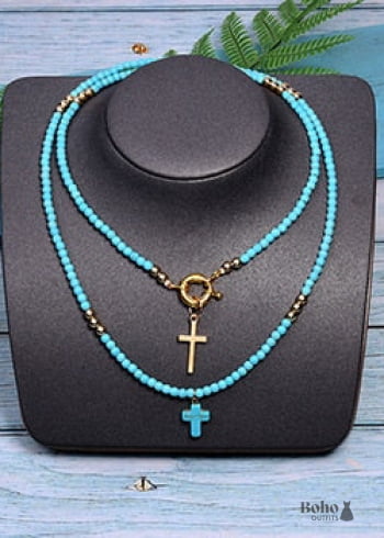 Boho Necklace, Seed Bead Layered Choker, Double Cross